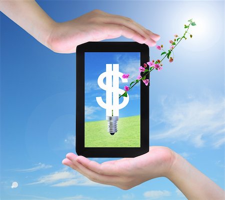 energy money - light bulb model of a dollar symbol and pink flower on tablet PC in women hand Foto de stock - Super Valor sin royalties y Suscripción, Código: 400-04900551