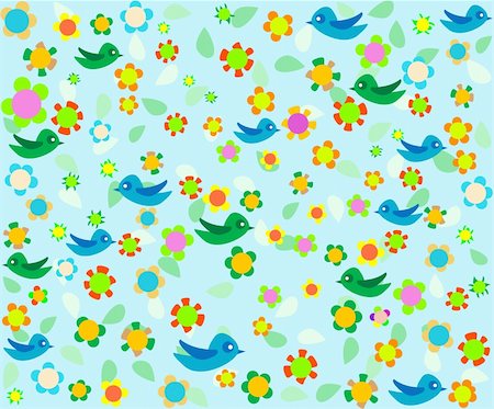 cartoon birds on blue Romantic floral background Foto de stock - Super Valor sin royalties y Suscripción, Código: 400-04901220