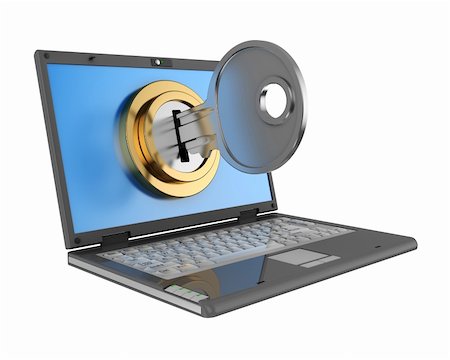 3d illustration of laptop computer locked by key, isolated over white Stock Photo - Budget Royalty-Free & Subscription, Code: 400-04901388