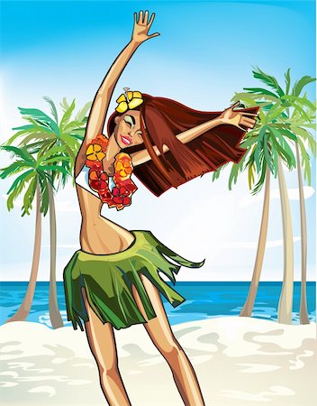 dancer girl cartoon - cheerful Hawaiian girl in a wreath of flowers dancing Stock Photo - Budget Royalty-Free & Subscription, Code: 400-04901527