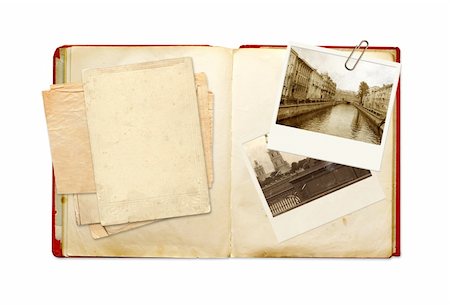 scrapbook - Old book and photos. Objects isolated over white Stock Photo - Budget Royalty-Free & Subscription, Code: 400-04914436