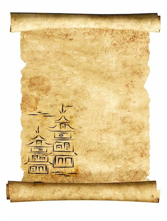 Old parchment with japanese calligraphy. Isolated over white Stock Photo - Budget Royalty-Free & Subscription, Code: 400-04914443