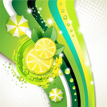 simsearch:400-06513460,k - Slices yellow lemon with drops and leaf over green background Stock Photo - Budget Royalty-Free & Subscription, Code: 400-04915115