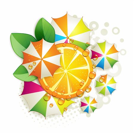 simsearch:400-06082374,k - Slice orange with leaf and colored umbrellas Stock Photo - Budget Royalty-Free & Subscription, Code: 400-04915125