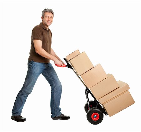 dolly - Delivery man with hand truck and stack of boxes. Isolated on white Stock Photo - Budget Royalty-Free & Subscription, Code: 400-04915461