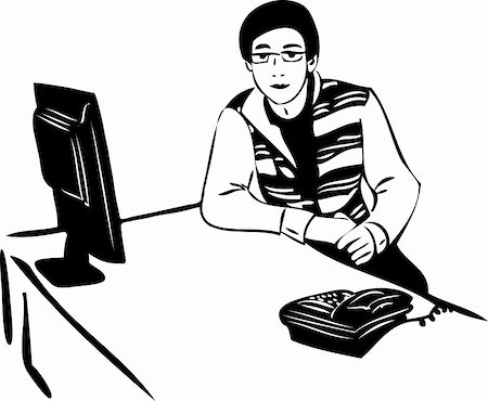 simsearch:400-05906608,k - sketch of a guy with glasses at the table with a monitor Stock Photo - Budget Royalty-Free & Subscription, Code: 400-04915620