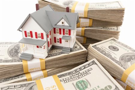 Small House with Stacks of Hundred Dollar Bills on White. Stock Photo - Budget Royalty-Free & Subscription, Code: 400-04916725