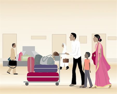an illustration of an asian family at an airport with a trolley full of luggage walking past a baggage carousel Stock Photo - Budget Royalty-Free & Subscription, Code: 400-04919396