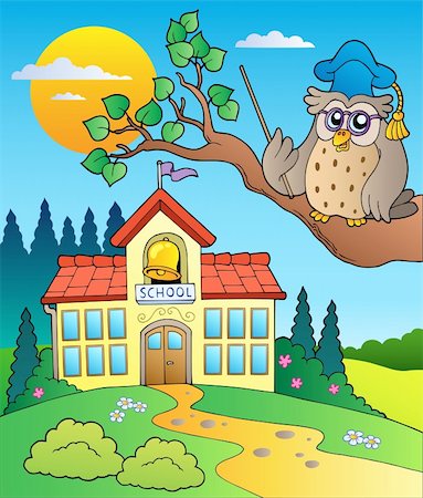 Owl teacher with school building - vector illustration. Stock Photo - Budget Royalty-Free & Subscription, Code: 400-04911199