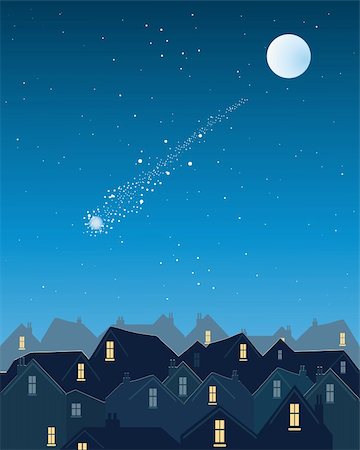 shooting star - an illustration of a shooting star over a city skyline on a dark starry evening with silver moon Stock Photo - Budget Royalty-Free & Subscription, Code: 400-04912961