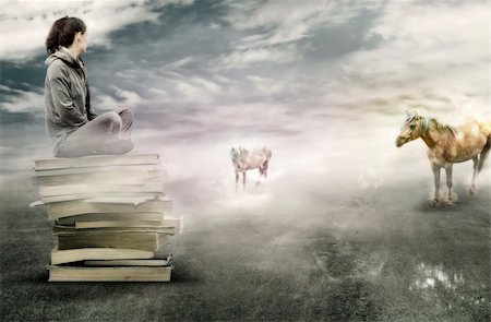 Girl sitting on books and waching at two magic horses Foto de stock - Super Valor sin royalties y Suscripción, Código: 400-04925256