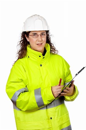 Female construction worker writing, over a white background Stock Photo - Budget Royalty-Free & Subscription, Code: 400-04937155