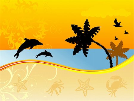 dolphin in the horizon - Summer background with palm tree, dolphin, sea-gull, crab, starfish..., vector illustration Stock Photo - Budget Royalty-Free & Subscription, Code: 400-04956848