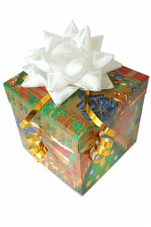 simsearch:400-05381288,k - Magic box with a gift  The isolated object on a white background. White and gold tapes  Colour wrapper with a christmas ornament Stock Photo - Budget Royalty-Free & Subscription, Code: 400-04977306