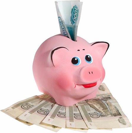 Pink smiling piggi-bank with banknotes. Isolated Stock Photo - Budget Royalty-Free & Subscription, Code: 400-04979004