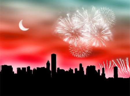 silhouette of firework - City skyline with fireworks in the cloudy sky Stock Photo - Budget Royalty-Free & Subscription, Code: 400-04998861