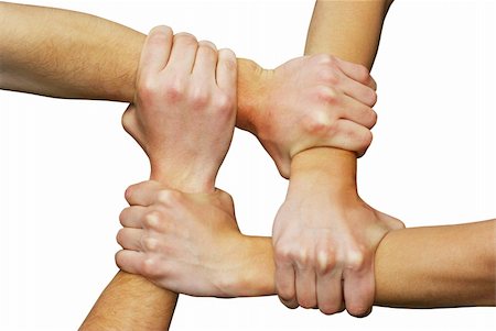 simsearch:700-00046258,k - Linked hands on a white background symbolizing teamwork and friendship Stock Photo - Budget Royalty-Free & Subscription, Code: 400-04991125