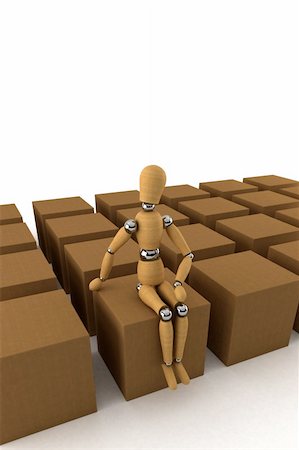 simsearch:400-05735817,k - Wooden mannequin sitting on moving box, surrounded by lots of other boxes Stock Photo - Budget Royalty-Free & Subscription, Code: 400-05004936