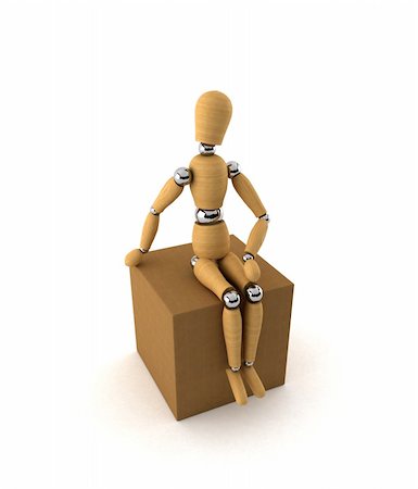 Wooden mannequin sitting on moving box over white Stock Photo - Budget Royalty-Free & Subscription, Code: 400-05004947