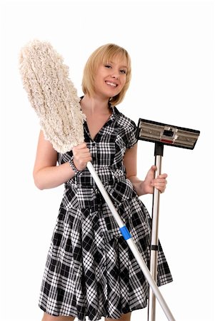 simsearch:400-08693600,k - happy blond housewife with broom & vacuum cleaner Stock Photo - Budget Royalty-Free & Subscription, Code: 400-05005013