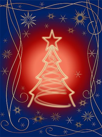 simsearch:400-05006261,k - golden 3d christmas tree with gold stars, snowflakes and ornaments over red blue background Stock Photo - Budget Royalty-Free & Subscription, Code: 400-05000229