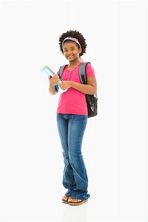 simsearch:400-05012508,k - African American girl holding books and wearing backpack smiling at viewer. Foto de stock - Super Valor sin royalties y Suscripción, Código: 400-05012504
