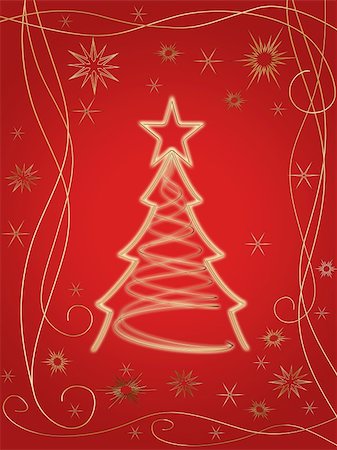 simsearch:400-05006261,k - golden 3d christmas tree with gold stars, snowflakes and ornaments over red background Stock Photo - Budget Royalty-Free & Subscription, Code: 400-05020971