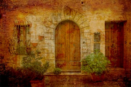 Artistic work of my own in retro style - Postcard from Italy. Doors - Montepulciano - Tuscany. Foto de stock - Super Valor sin royalties y Suscripción, Código: 400-05044082