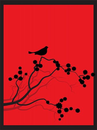 simsearch:400-04266669,k - Vector - Japanese spring flower zen style with bird perched on the branch. Stock Photo - Budget Royalty-Free & Subscription, Code: 400-05058384