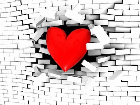 3d illustration of stylized heart breaking white brick wall Stock Photo - Budget Royalty-Free & Subscription, Code: 400-05096271