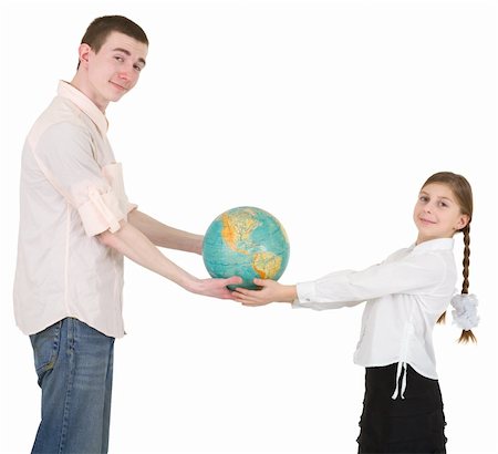 Girl and man hold on hands terrestrial globe Stock Photo - Budget Royalty-Free & Subscription, Code: 400-05093121