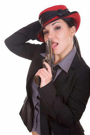 simsearch:400-04131198,k - attractive brunette woman with gun. over white background Stock Photo - Budget Royalty-Free & Subscription, Code: 400-05106365
