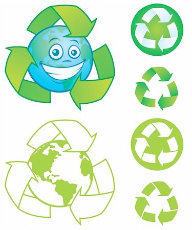 Vector cartoon planet Earth with recycle symbol and several vector recycle symbols and icons. Great mascot or logo for going green or recycling. Stock Photo - Budget Royalty-Free & Subscription, Code: 400-05126930