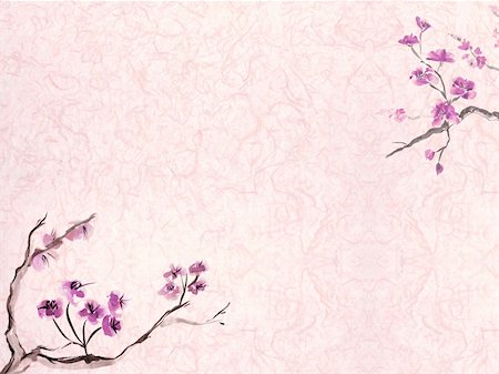 Background with picture in east style by India ink, sumi-e. Plum blossom on a background a texture paper Stock Photo - Budget Royalty-Free & Subscription, Code: 400-05123603