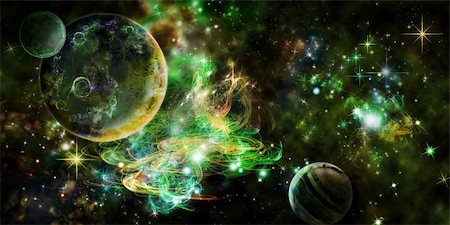 planetarium - Green space with three planets and bright nebula Stock Photo - Budget Royalty-Free & Subscription, Code: 400-05123611