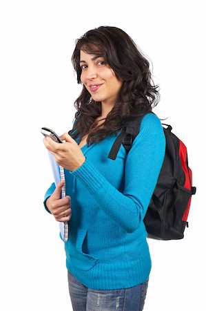 simsearch:400-05012508,k - Young student woman with notebook sending sms with cell phone over a white background Foto de stock - Super Valor sin royalties y Suscripción, Código: 400-05135305