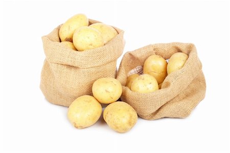 Two burlap sacks with raw and fresh potatoes spilling out over a white background. Soft shadow Stock Photo - Budget Royalty-Free & Subscription, Code: 400-05136438