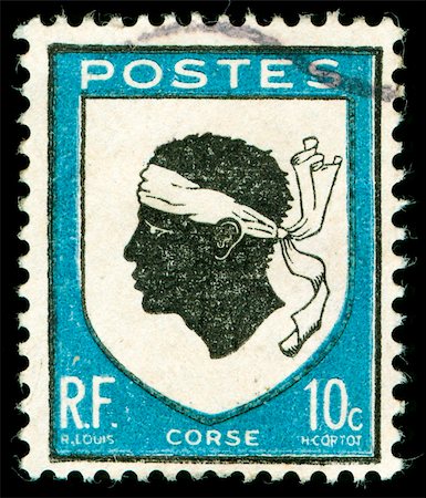 simsearch:400-04832369,k - vintage postage stamp with corsica national emblem of a Moorish head Foto de stock - Super Valor sin royalties y Suscripción, Código: 400-05137739