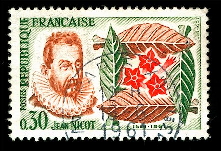 simsearch:400-04832369,k - vintage french stamp depicting Jean Nicot who introduced Tobacco to France,.and gave his name to Nicotine the active Ingredient in tobacco and snuff Photographie de stock - Aubaine LD & Abonnement, Code: 400-05137748