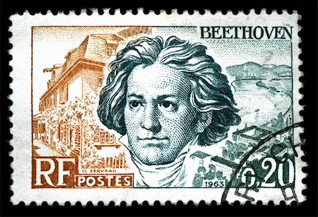 simsearch:400-04832369,k - vintage french stamp depicting Ludwig van Beethoven a famous classical music composer and virtuoso pianist Foto de stock - Super Valor sin royalties y Suscripción, Código: 400-05137750