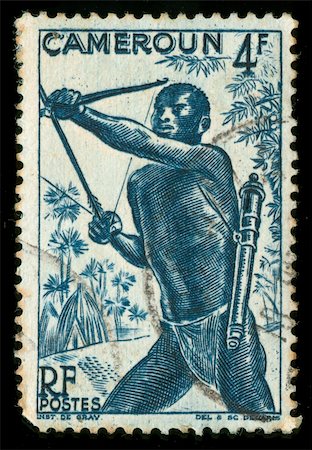 simsearch:400-04832369,k - Vintage stamp from Cameroon depicting a tribal hunter with bow and arrow Foto de stock - Super Valor sin royalties y Suscripción, Código: 400-05137753