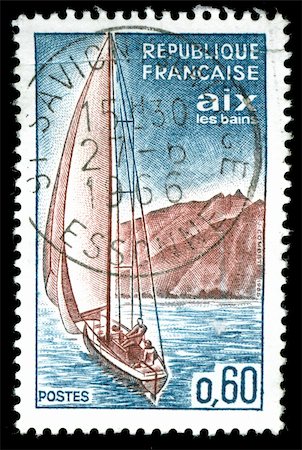 simsearch:400-04832369,k - vintage french stamp depicting a sailing yacht sailing along a coastline Foto de stock - Super Valor sin royalties y Suscripción, Código: 400-05137769