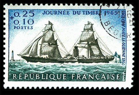 simsearch:400-04832369,k - vintage French stamp depicting an old sailing ship delivering the mail Foto de stock - Super Valor sin royalties y Suscripción, Código: 400-05137762