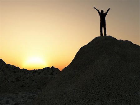 silhouette of man standing in a mountain top - The man on mountain. The lifted hands, towards to picturesque sunset Stock Photo - Budget Royalty-Free & Subscription, Code: 400-05130869