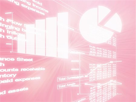 Illustration of Spreadsheet data and business charts in glowing wireframe style Foto de stock - Super Valor sin royalties y Suscripción, Código: 400-05144872