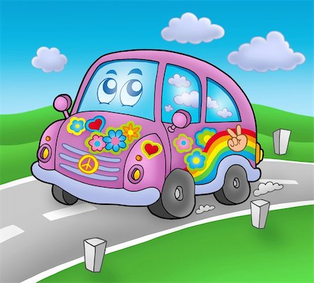 Hippie car on road - color illustration. Stock Photo - Budget Royalty-Free & Subscription, Code: 400-05146009