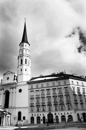 Tall building with tall tower in Vienna, Austria. Black and white Stock Photo - Budget Royalty-Free & Subscription, Code: 400-05147676