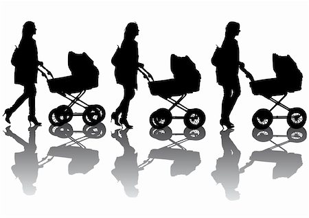 Vector drawing women with prams. Silhouette on white background Stock Photo - Budget Royalty-Free & Subscription, Code: 400-05150822