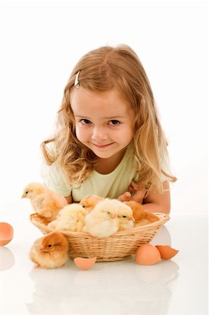 Smiling little girl with a basket full of young chickens - isolated Stock Photo - Budget Royalty-Free & Subscription, Code: 400-05152917