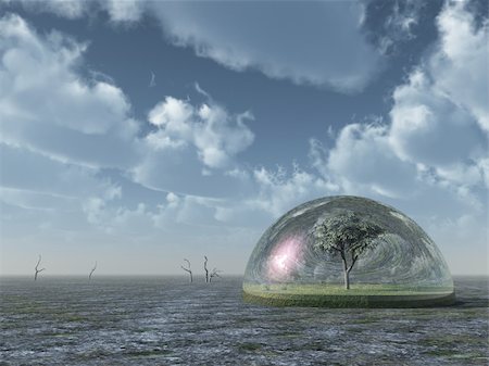 future of the desert - tree under glass dome in desert - 3d illustration Stock Photo - Budget Royalty-Free & Subscription, Code: 400-05164933